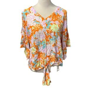 Democracy Floral V Neck Blouse Womens Medium Orange Boho Tie Hem Top